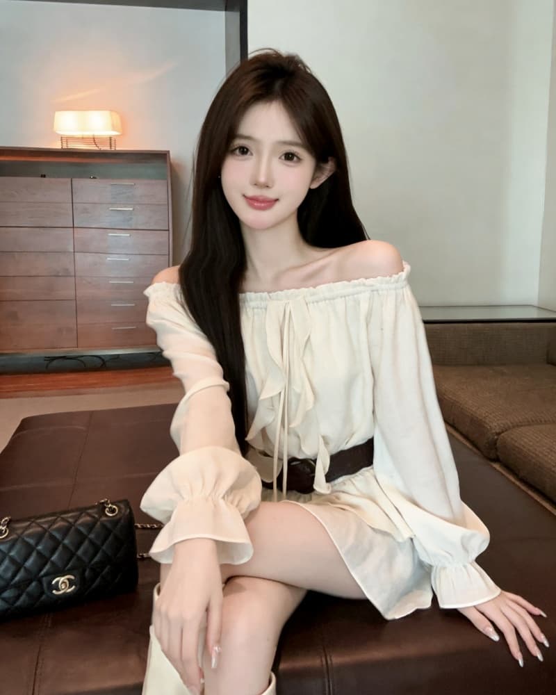 실사 새로운 순수한 욕망 바람 보트넥 허리 수축 불규칙 긴팔 맨위 벨트 포함 상세 이미지 5