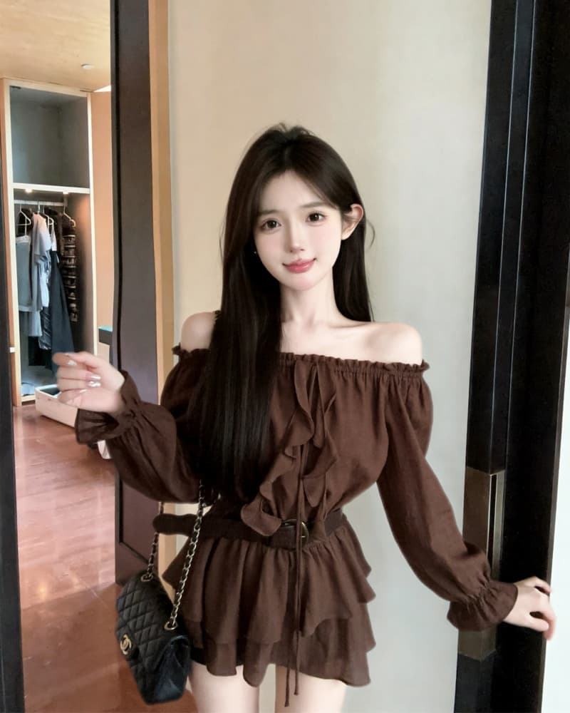 실사 새로운 순수한 욕망 바람 보트넥 허리 수축 불규칙 긴팔 맨위 벨트 포함 상세 이미지 11