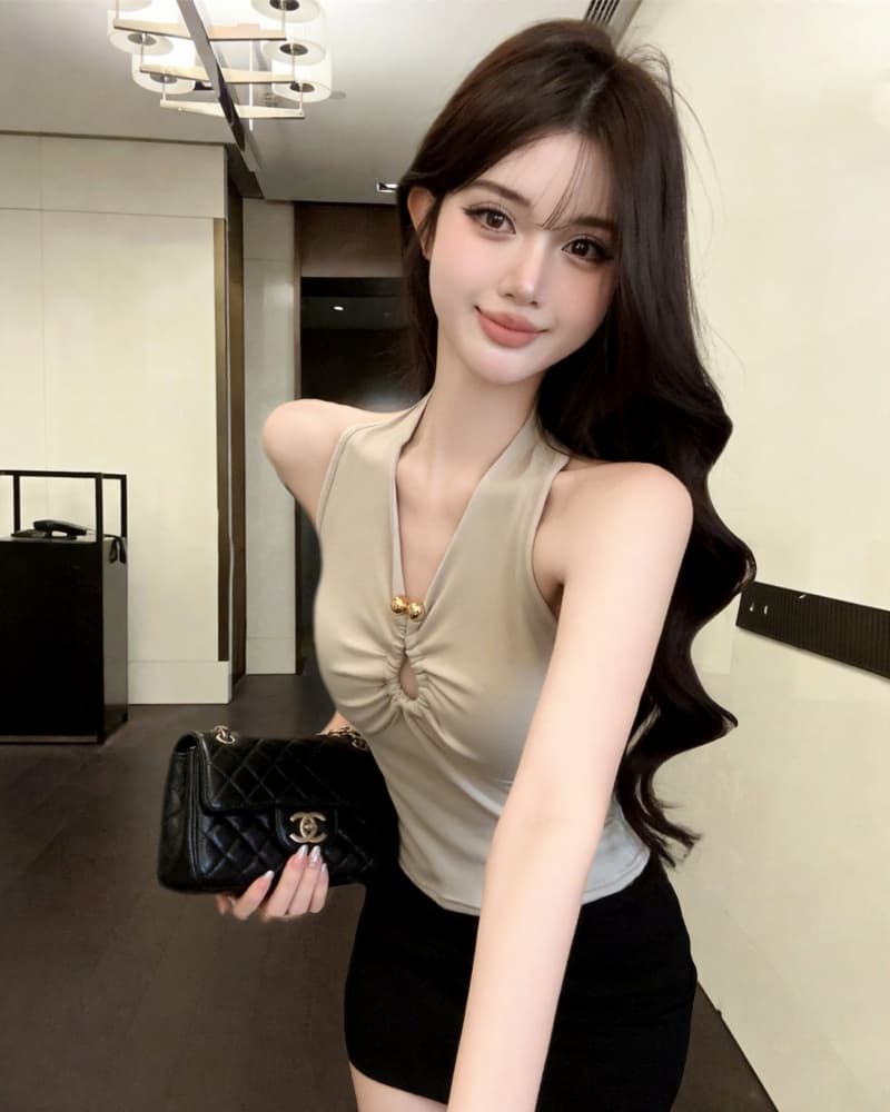 실사 새로운 명문 여성 품격 행침 목 V넥 캐미솔 벨트 가슴 패드 상세 이미지 13