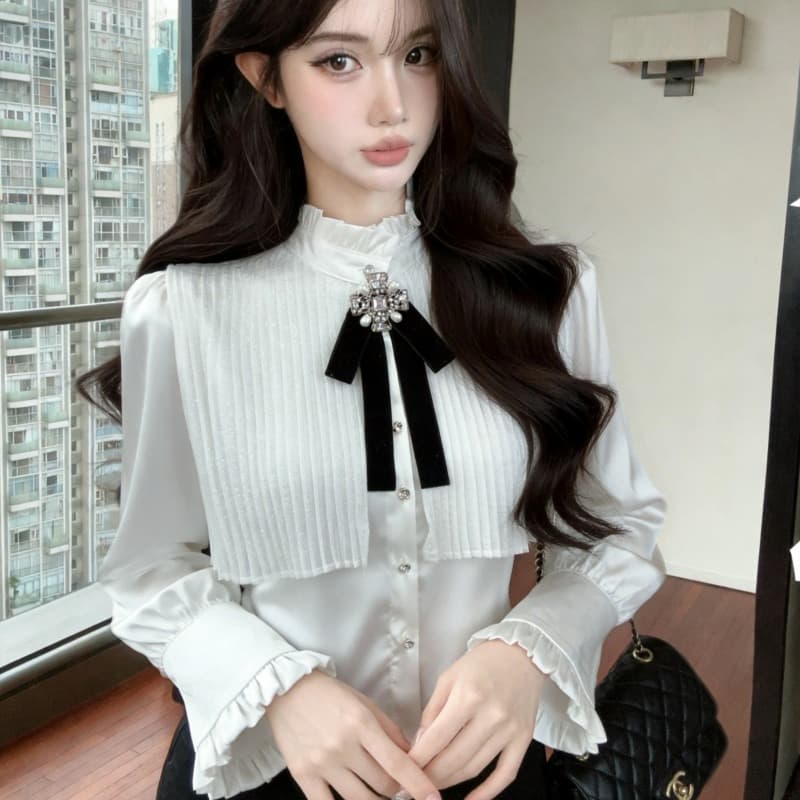 실사 새로운 명문 여성 나비 매듭 프릴 스탠드 칼라 긴팔 여성 셔츠 이미지 5