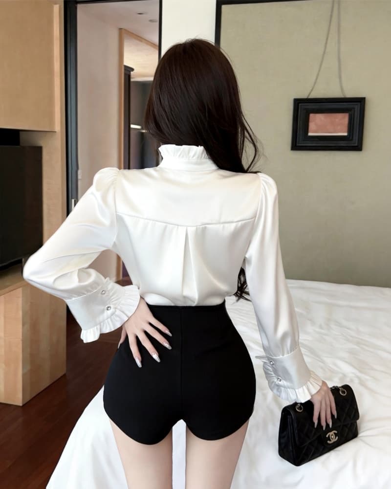 실사 새로운 명문 여성 나비 매듭 프릴 스탠드 칼라 긴팔 여성 셔츠 이미지 4
