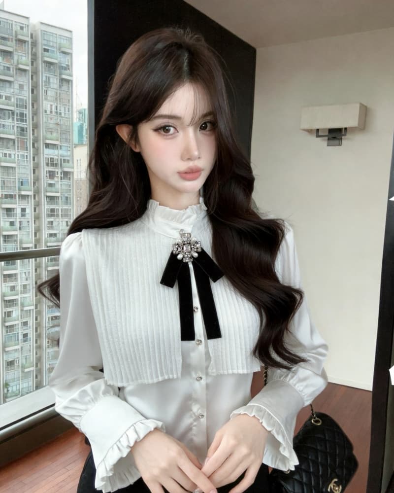 실사 새로운 명문 여성 나비 매듭 프릴 스탠드 칼라 긴팔 여성 셔츠 상세 이미지 4