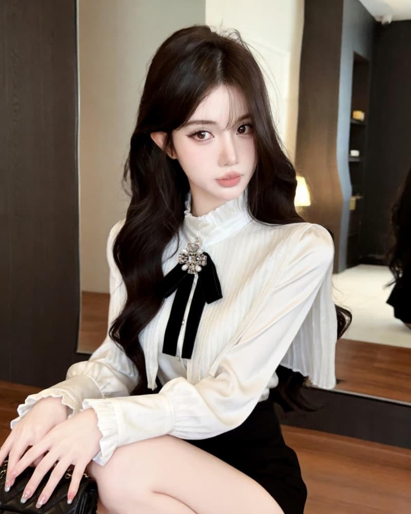 실사 새로운 명문 여성 나비 매듭 프릴 스탠드 칼라 긴팔 여성 셔츠 상세 이미지 11