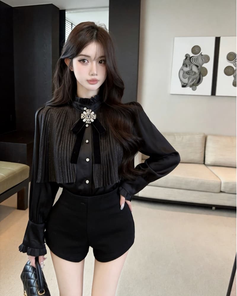 실사 새로운 명문 여성 나비 매듭 프릴 스탠드 칼라 긴팔 여성 셔츠 상세 이미지 15