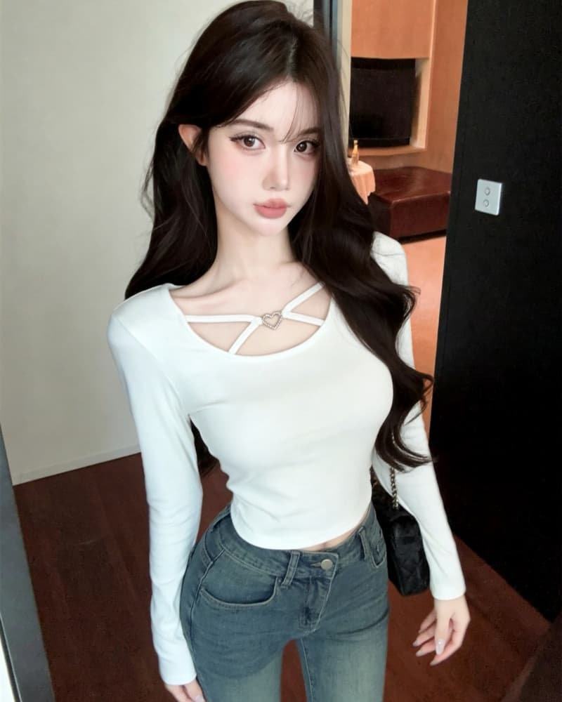 실사 새로운 순수한 욕망 광장 칼라 하트 버클 몸매 가꾸기 순면 긴팔 티셔츠 여성 상세 이미지 1
