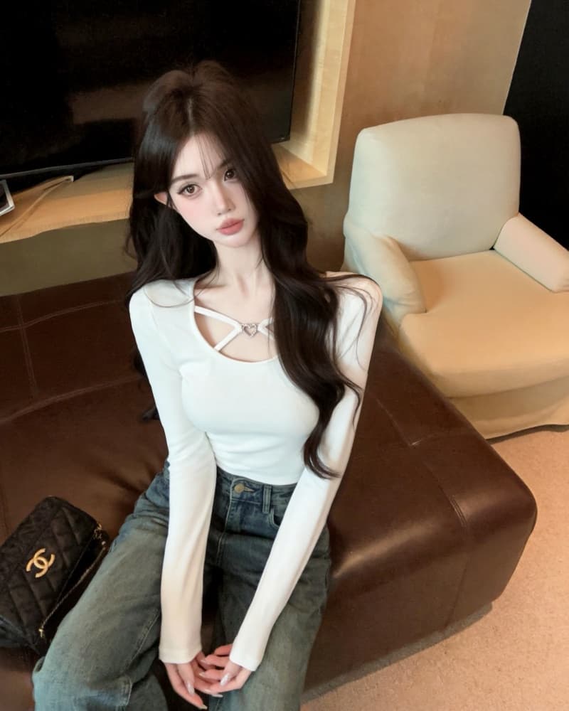 실사 새로운 순수한 욕망 광장 칼라 하트 버클 몸매 가꾸기 순면 긴팔 티셔츠 여성 상세 이미지 2