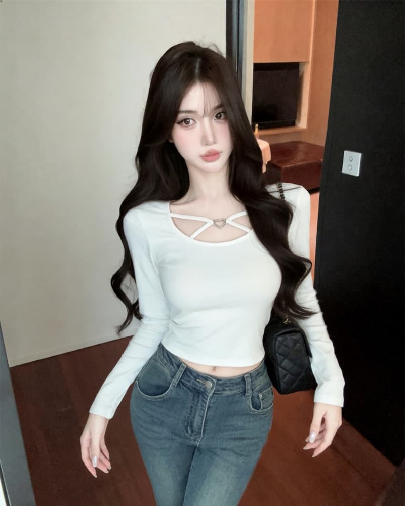 실사 새로운 순수한 욕망 광장 칼라 하트 버클 몸매 가꾸기 순면 긴팔 티셔츠 여성 상세 이미지 6
