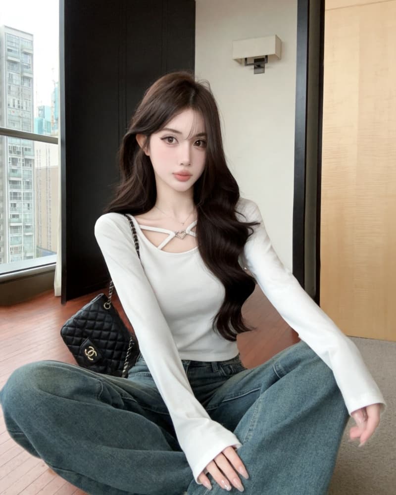 실사 새로운 순수한 욕망 광장 칼라 하트 버클 몸매 가꾸기 순면 긴팔 티셔츠 여성 상세 이미지 9