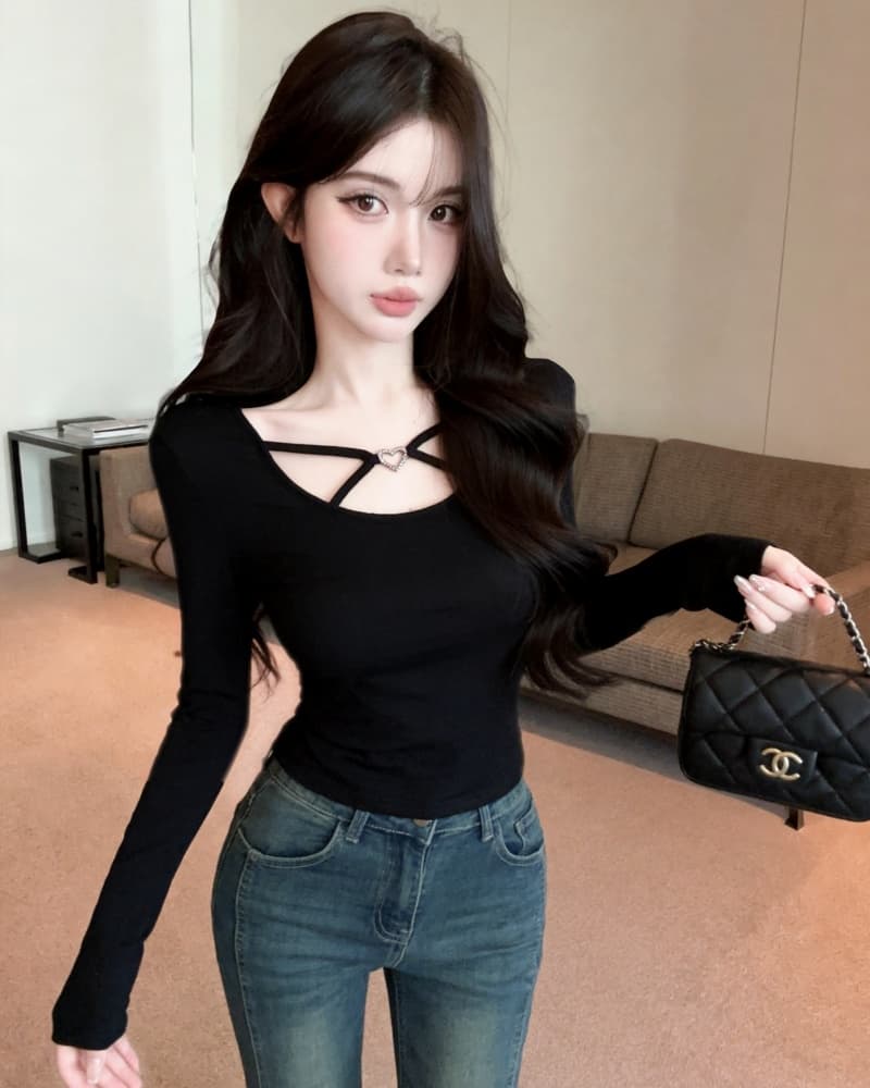 실사 새로운 순수한 욕망 광장 칼라 하트 버클 몸매 가꾸기 순면 긴팔 티셔츠 여성 상세 이미지 17
