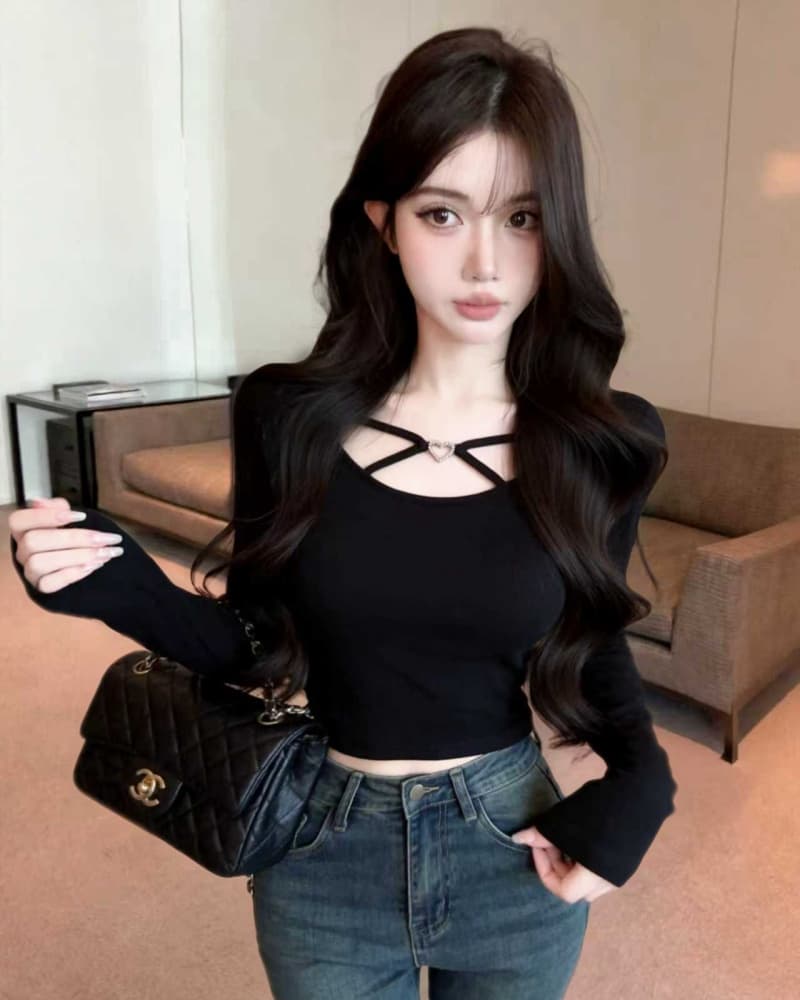실사 새로운 순수한 욕망 광장 칼라 하트 버클 몸매 가꾸기 순면 긴팔 티셔츠 여성 상세 이미지 18