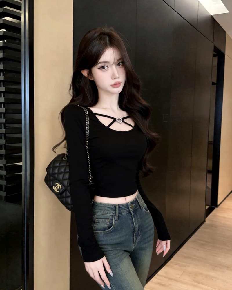 실사 새로운 순수한 욕망 광장 칼라 하트 버클 몸매 가꾸기 순면 긴팔 티셔츠 여성 상세 이미지 20