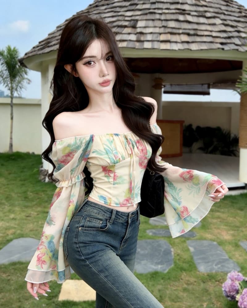 실사 새로운 고유 한 헤일로 염색 꽃무늬 광장 칼라 펌프 로프 긴팔 안감 안감 여성 이미지 2