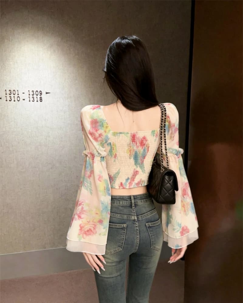 실사 새로운 고유 한 헤일로 염색 꽃무늬 광장 칼라 펌프 로프 긴팔 안감 안감 여성 상세 이미지 4