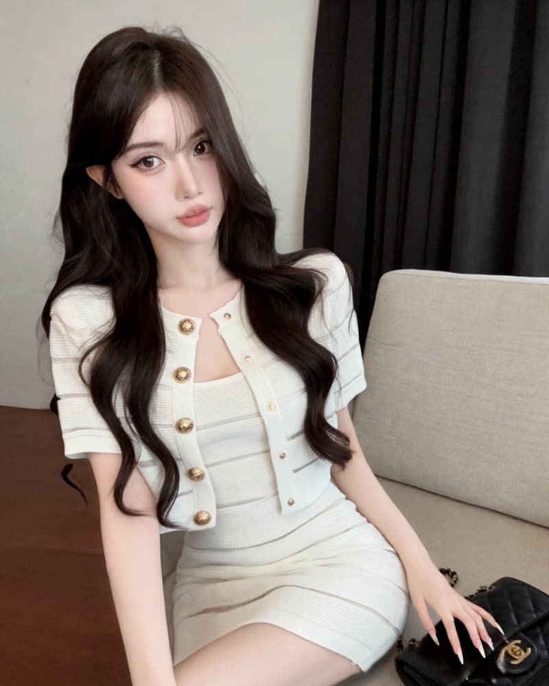 실사 새로운 작은 샤넬 스타일 금속 버클 오픈 가디건 여성 코트 품격 쇼트 스타일 드레스 투피스 세트 상세 이미지 10