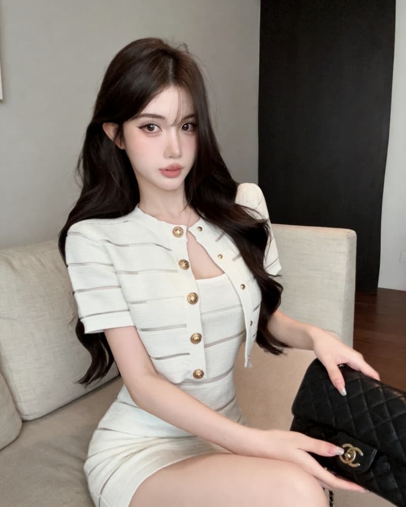 실사 새로운 작은 샤넬 스타일 금속 버클 오픈 가디건 여성 코트 품격 쇼트 스타일 드레스 투피스 세트 상세 이미지 11