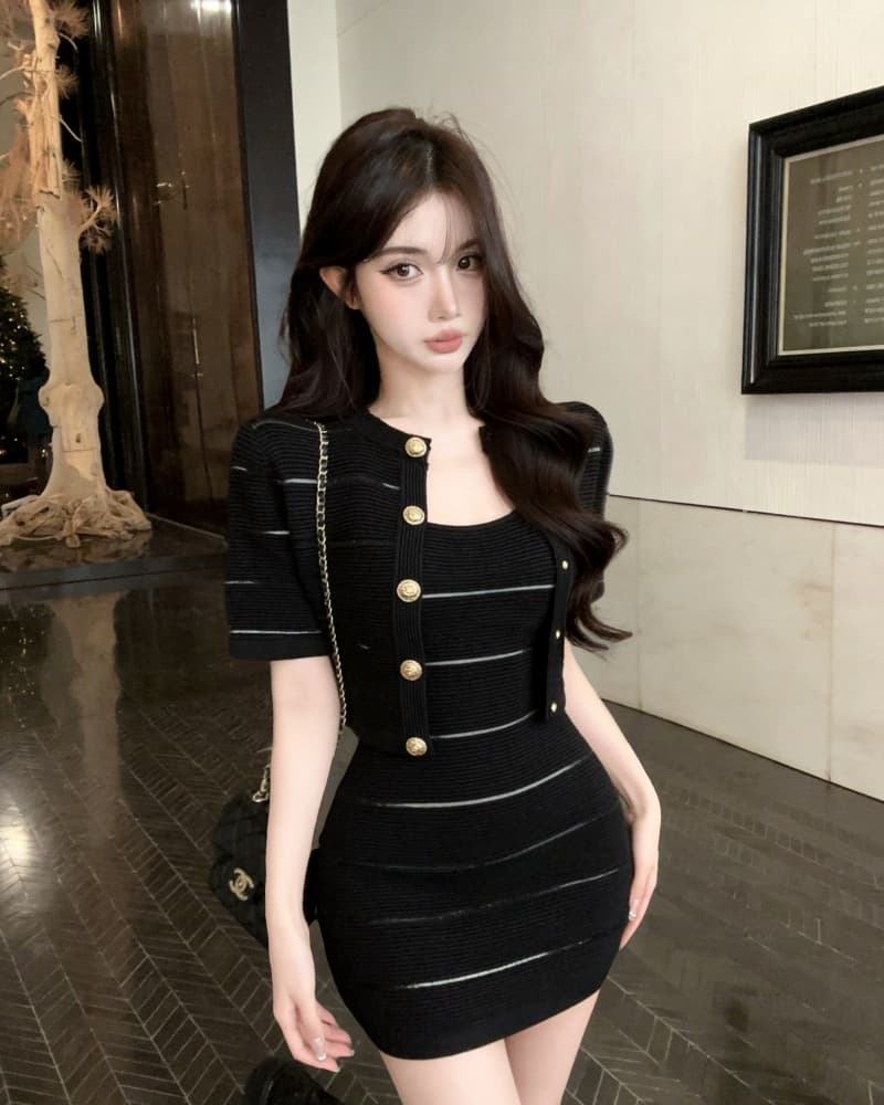 실사 새로운 작은 샤넬 스타일 금속 버클 오픈 가디건 여성 코트 품격 쇼트 스타일 드레스 투피스 세트 상세 이미지 18