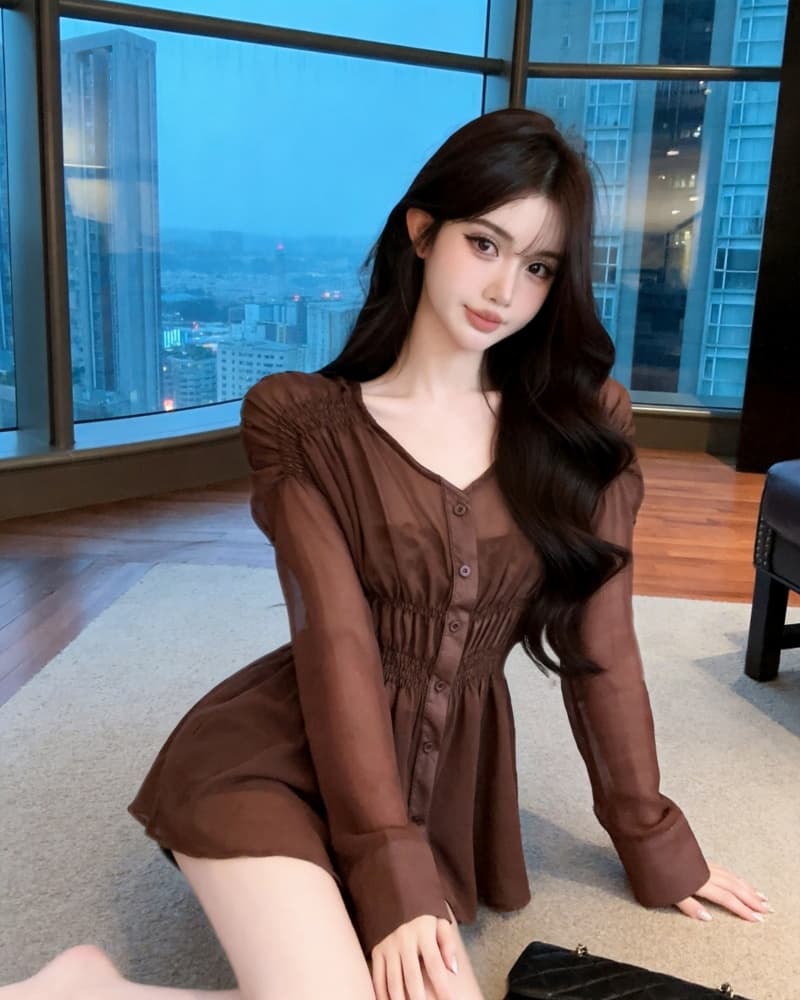 실사 새로운 고유 한 품격 허리 수축 주름 긴팔 V넥 여성 셔츠 이미지 2