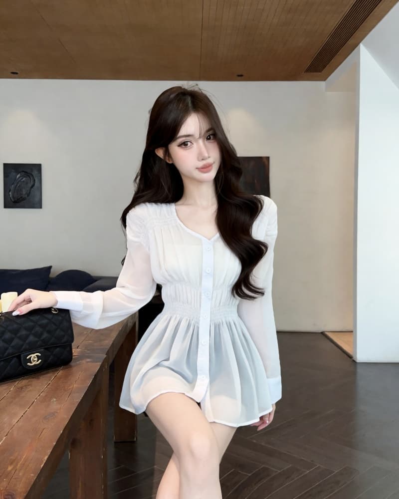 실사 새로운 고유 한 품격 허리 수축 주름 긴팔 V넥 여성 셔츠 상세 이미지 6