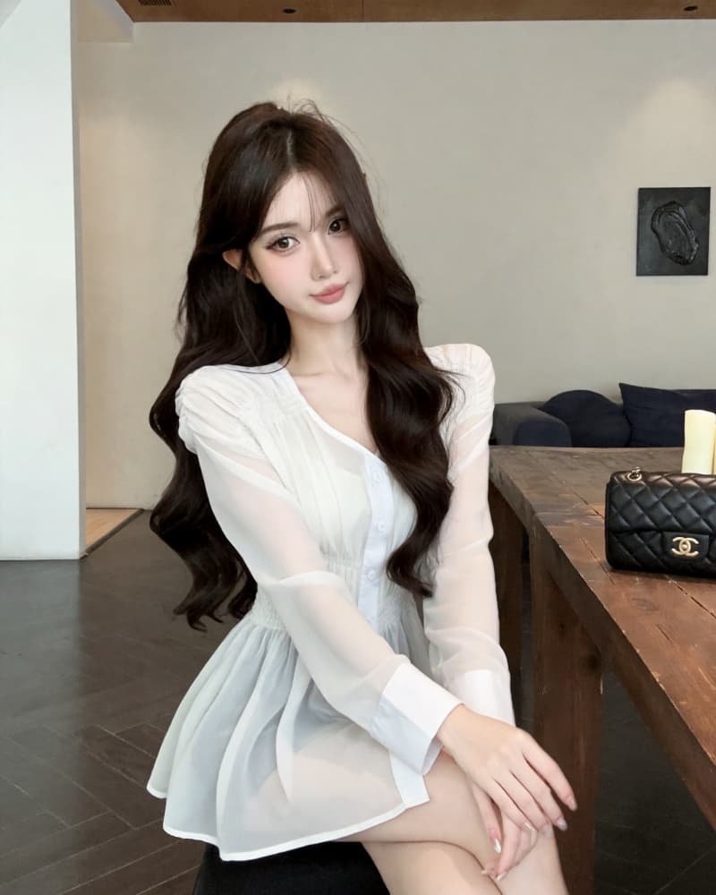 실사 새로운 고유 한 품격 허리 수축 주름 긴팔 V넥 여성 셔츠 상세 이미지 8