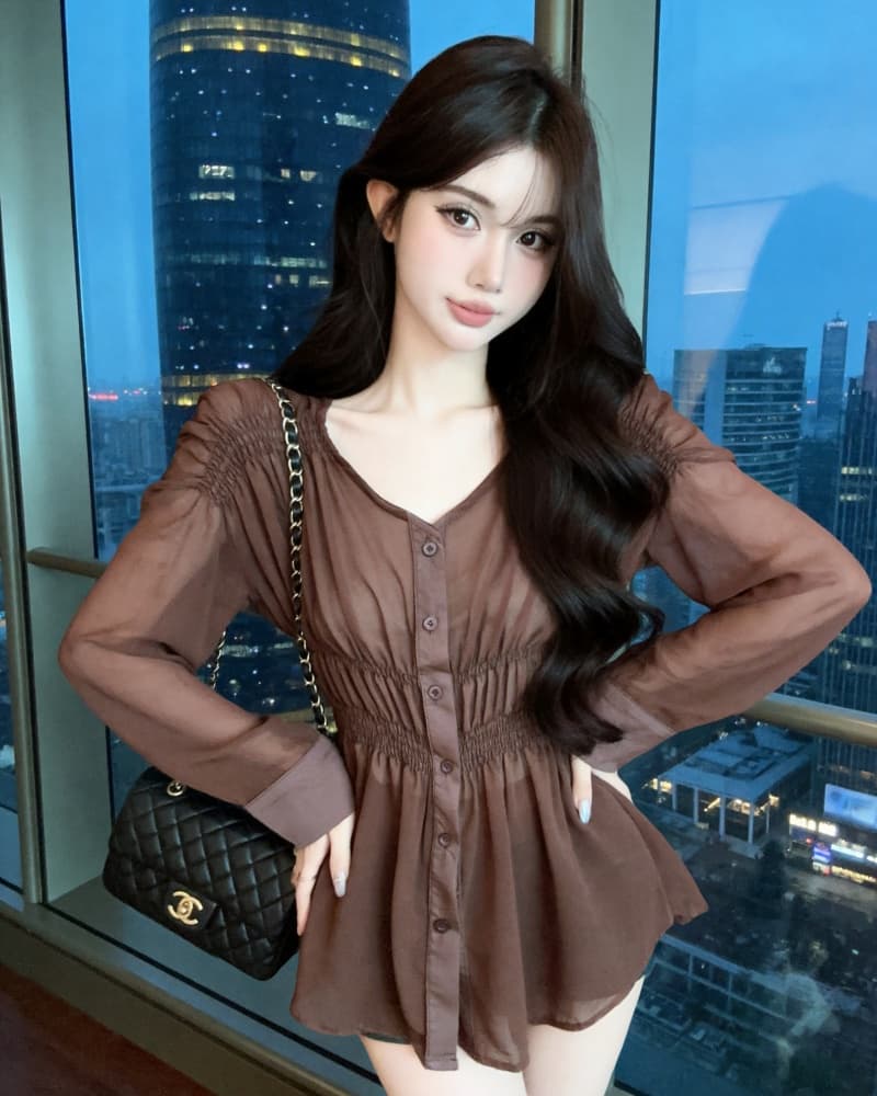 실사 새로운 고유 한 품격 허리 수축 주름 긴팔 V넥 여성 셔츠 상세 이미지 13