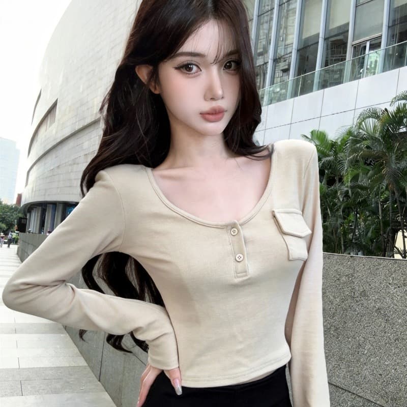 실사 새로운 핫걸 u 칼라 헨리 버클 작은 주머니 양모 긴팔 티셔츠 여성 이미지 5