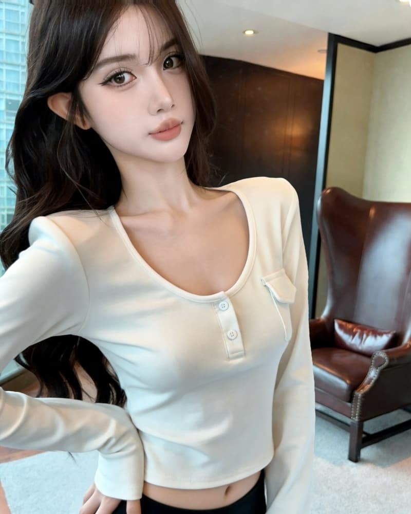 실사 새로운 핫걸 u 칼라 헨리 버클 작은 주머니 양모 긴팔 티셔츠 여성 상세 이미지 2