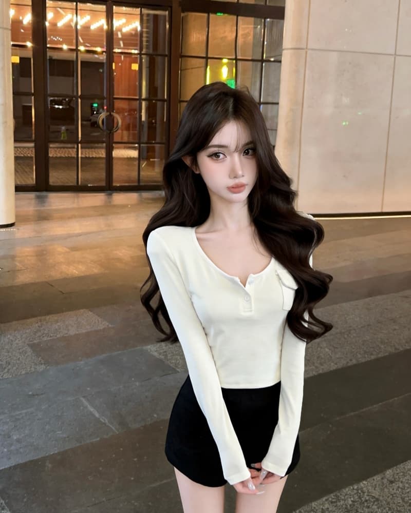 실사 새로운 핫걸 u 칼라 헨리 버클 작은 주머니 양모 긴팔 티셔츠 여성 상세 이미지 3