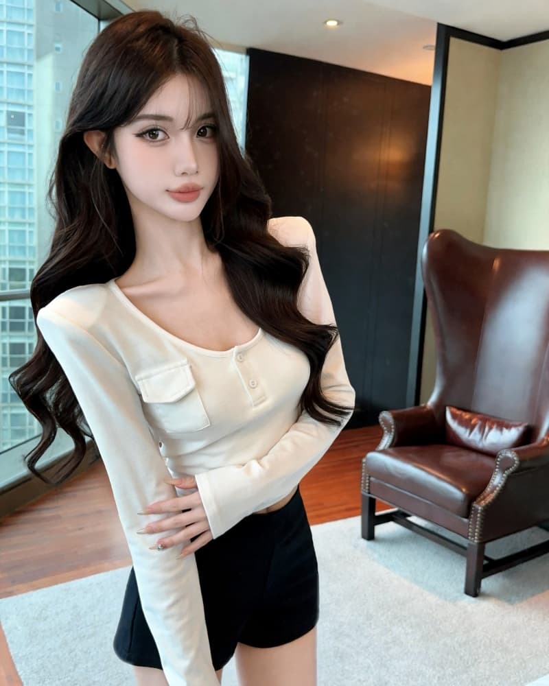 실사 새로운 핫걸 u 칼라 헨리 버클 작은 주머니 양모 긴팔 티셔츠 여성 상세 이미지 4
