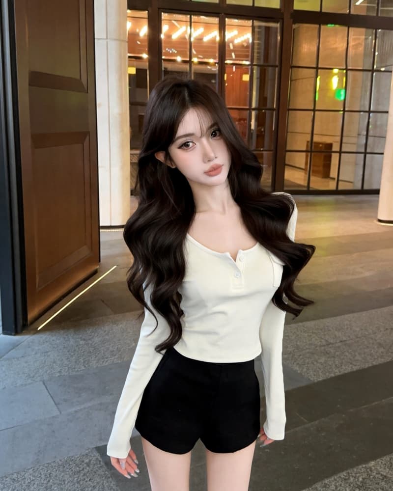 실사 새로운 핫걸 u 칼라 헨리 버클 작은 주머니 양모 긴팔 티셔츠 여성 상세 이미지 5