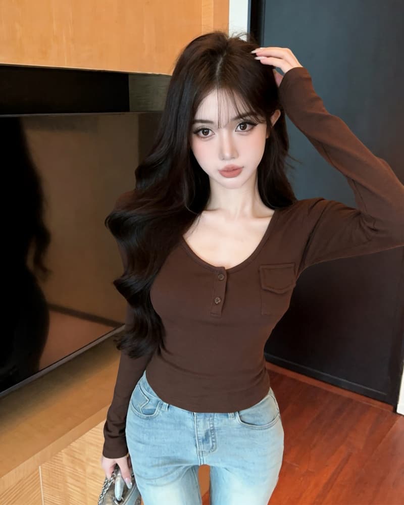 실사 새로운 핫걸 u 칼라 헨리 버클 작은 주머니 양모 긴팔 티셔츠 여성 상세 이미지 7
