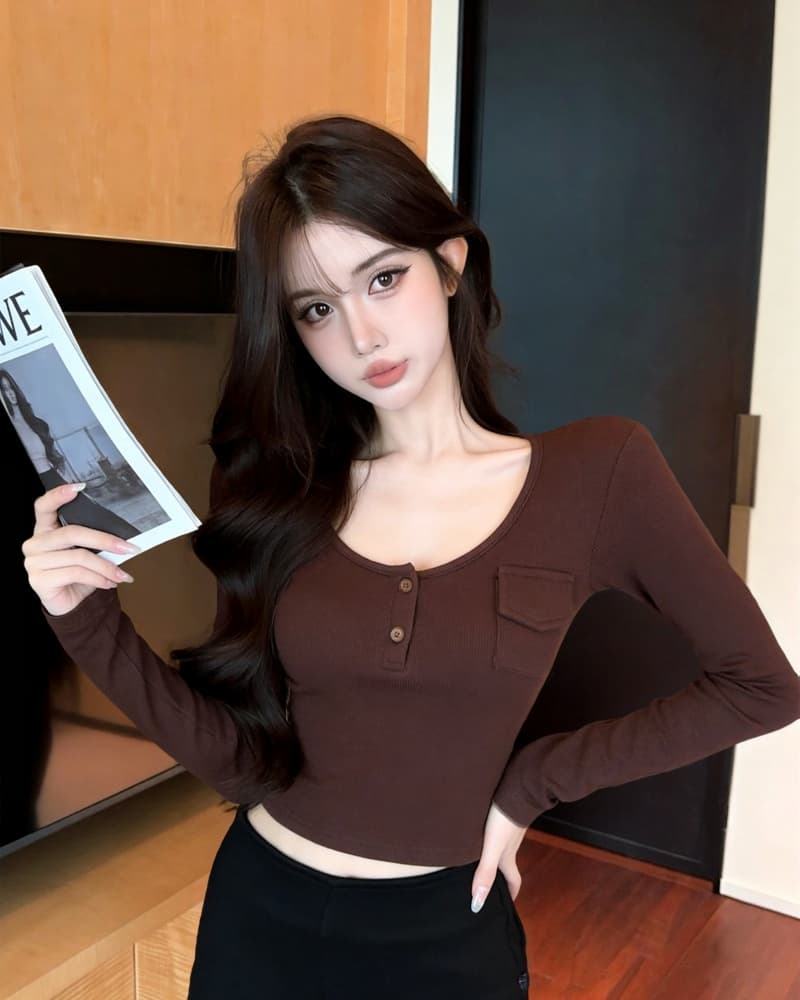 실사 새로운 핫걸 u 칼라 헨리 버클 작은 주머니 양모 긴팔 티셔츠 여성 상세 이미지 8