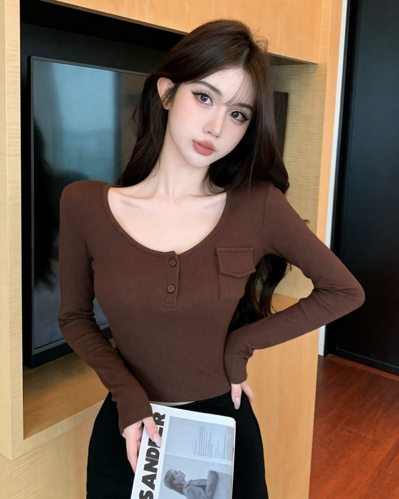 실사 새로운 핫걸 u 칼라 헨리 버클 작은 주머니 양모 긴팔 티셔츠 여성 상세 이미지 10
