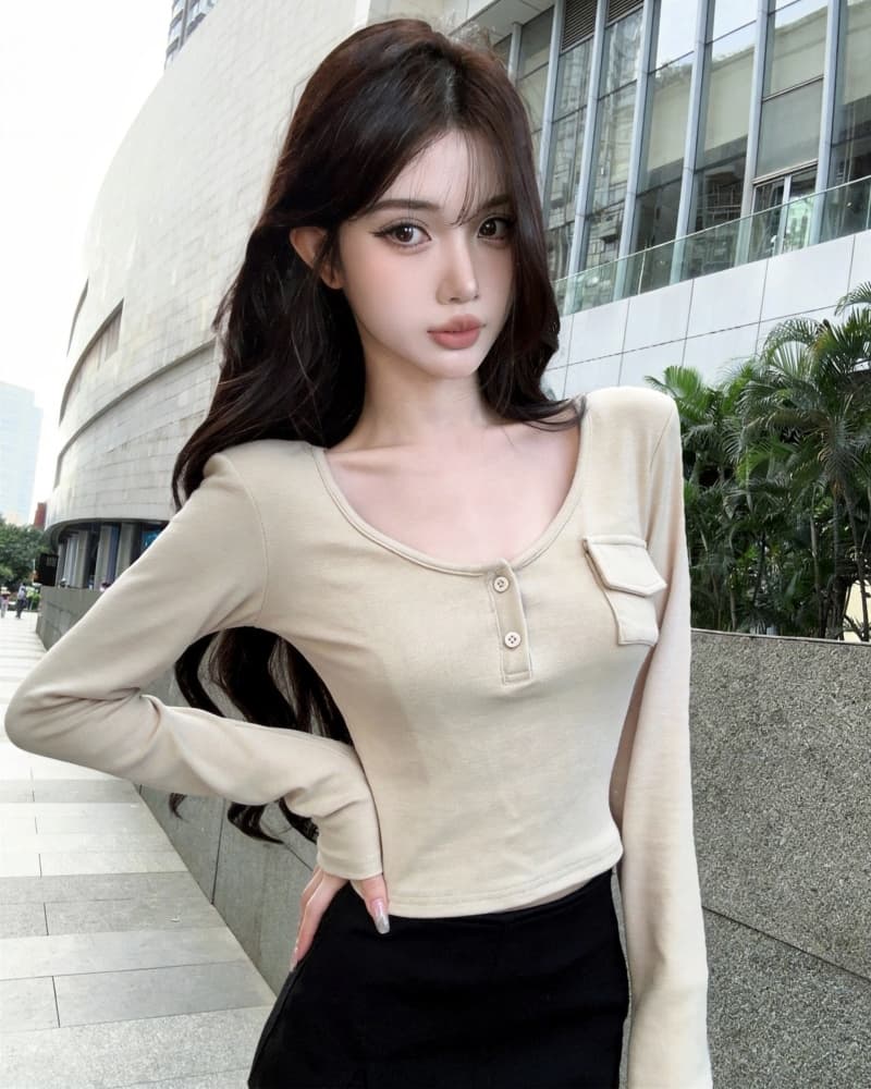 실사 새로운 핫걸 u 칼라 헨리 버클 작은 주머니 양모 긴팔 티셔츠 여성 상세 이미지 11