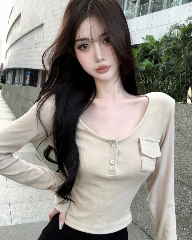 실사 새로운 핫걸 u 칼라 헨리 버클 작은 주머니 양모 긴팔 티셔츠 여성 상세 이미지 13