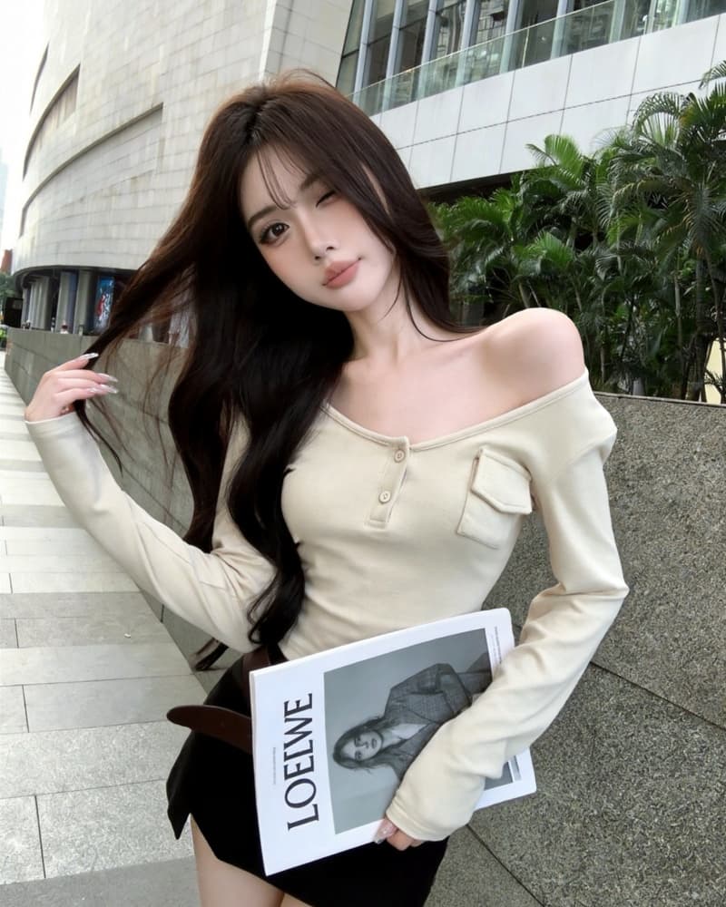 실사 새로운 핫걸 u 칼라 헨리 버클 작은 주머니 양모 긴팔 티셔츠 여성 상세 이미지 14
