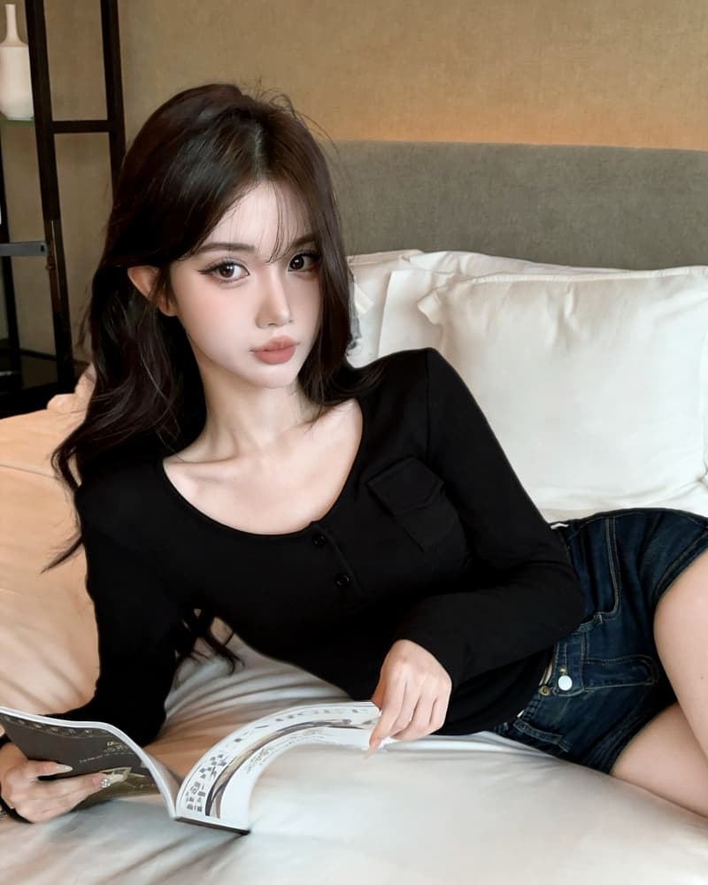 실사 새로운 핫걸 u 칼라 헨리 버클 작은 주머니 양모 긴팔 티셔츠 여성 상세 이미지 16