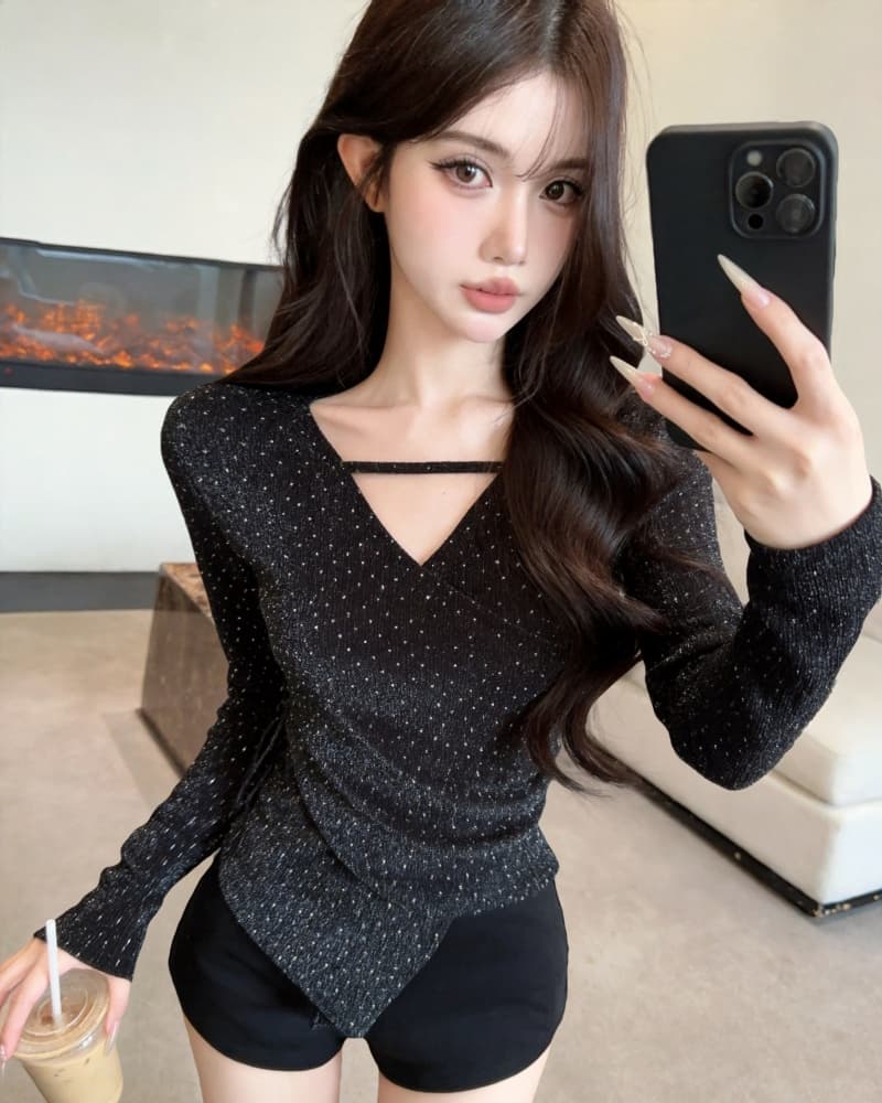 실사 새로운 순수한 욕망 불규칙 V넥 플래시 훈련 몸매 가꾸기 외국 가스 작은 셔츠 여성 이미지 4