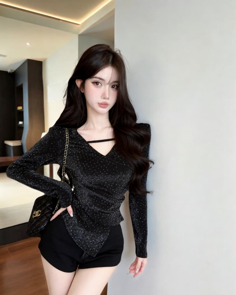 실사 새로운 순수한 욕망 불규칙 V넥 플래시 훈련 몸매 가꾸기 외국 가스 작은 셔츠 여성 상세 이미지 14