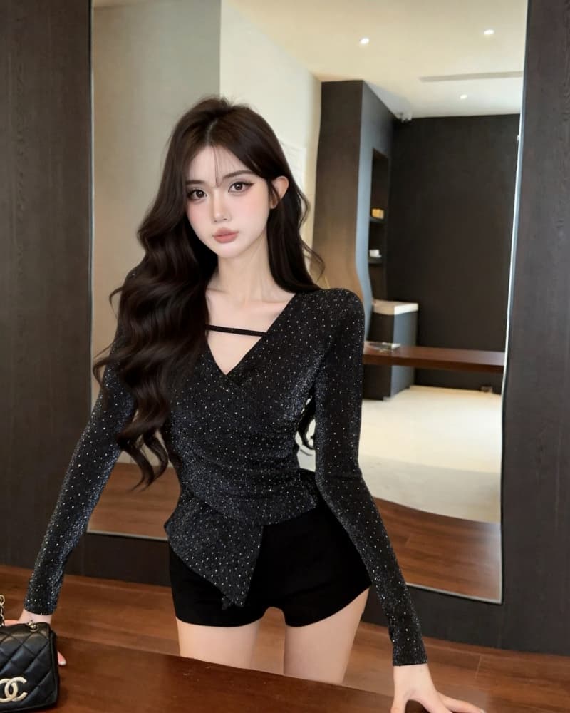 실사 새로운 순수한 욕망 불규칙 V넥 플래시 훈련 몸매 가꾸기 외국 가스 작은 셔츠 여성 상세 이미지 17