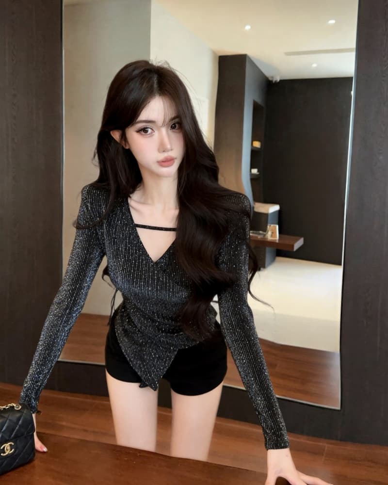 실사 새로운 순수한 욕망 불규칙 V넥 플래시 훈련 몸매 가꾸기 외국 가스 작은 셔츠 여성 상세 이미지 18