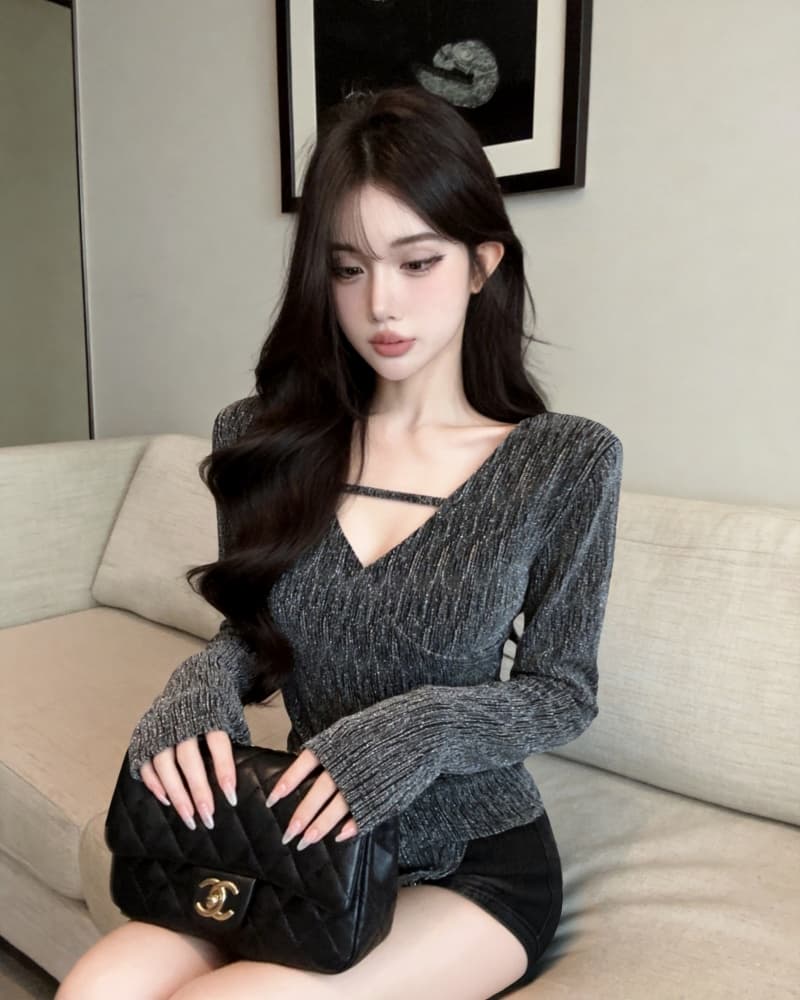 실사 새로운 순수한 욕망 불규칙 V넥 플래시 훈련 몸매 가꾸기 외국 가스 작은 셔츠 여성 상세 이미지 3