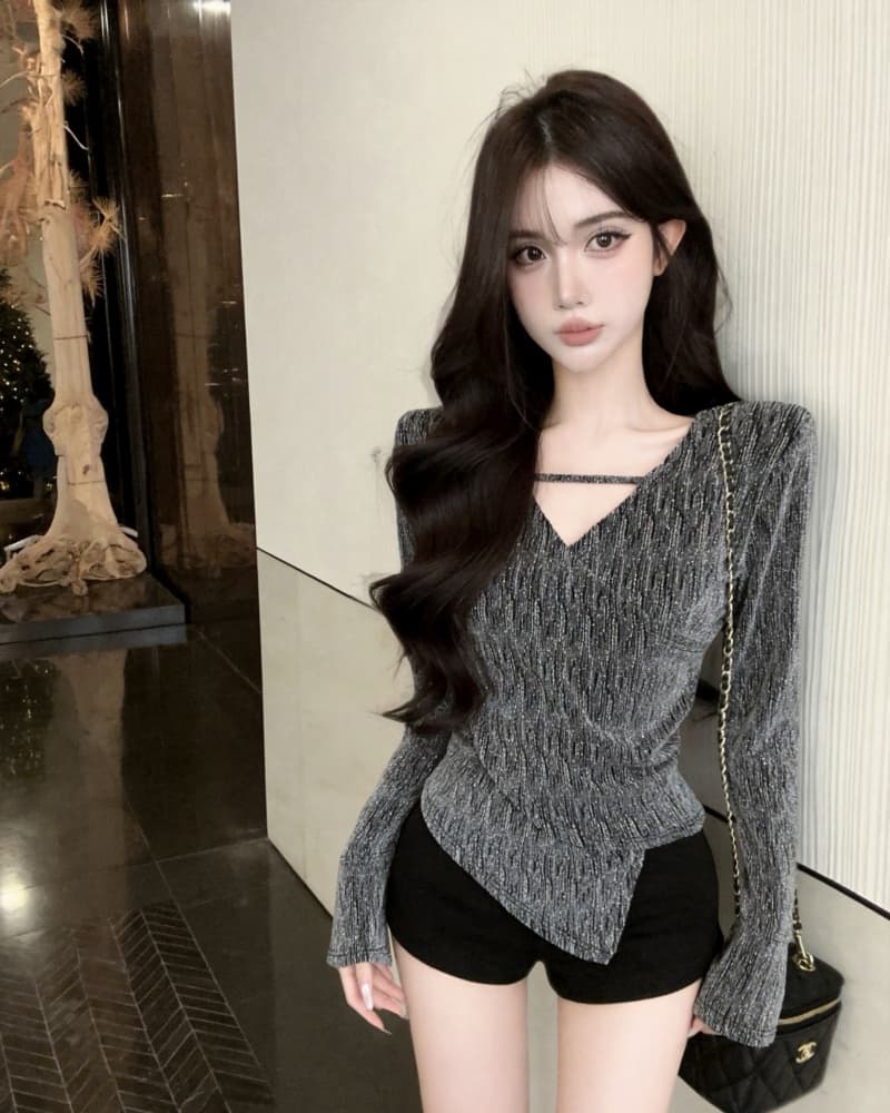 실사 새로운 순수한 욕망 불규칙 V넥 플래시 훈련 몸매 가꾸기 외국 가스 작은 셔츠 여성 상세 이미지 4