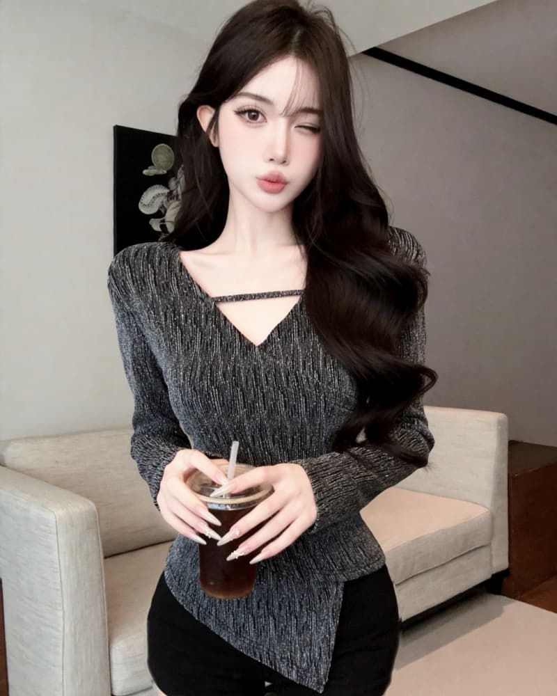 실사 새로운 순수한 욕망 불규칙 V넥 플래시 훈련 몸매 가꾸기 외국 가스 작은 셔츠 여성 상세 이미지 9