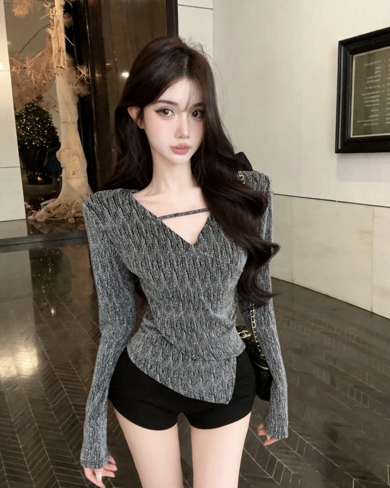 실사 새로운 순수한 욕망 불규칙 V넥 플래시 훈련 몸매 가꾸기 외국 가스 작은 셔츠 여성 이미지 3