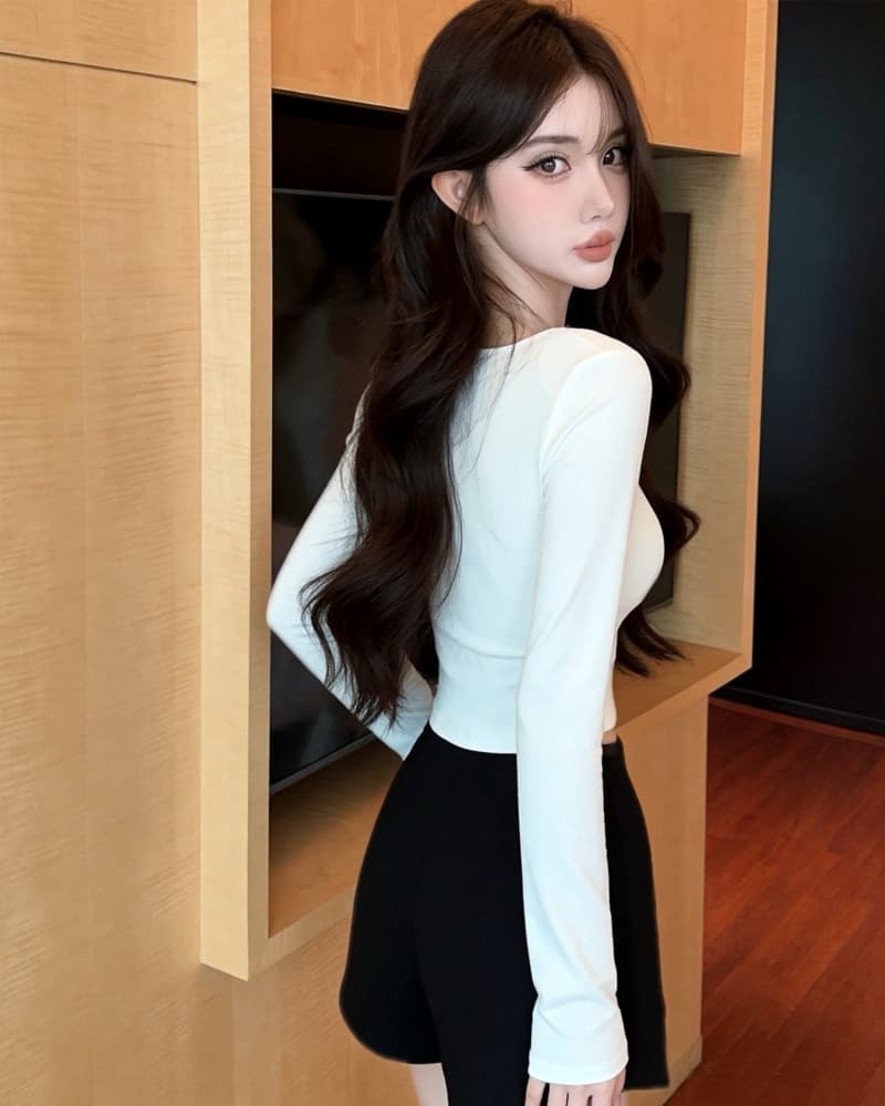 실사 새로운 핫걸 u 칼라 헨리 버클 작은 주머니 양모 긴팔 티셔츠 여성 이미지 4