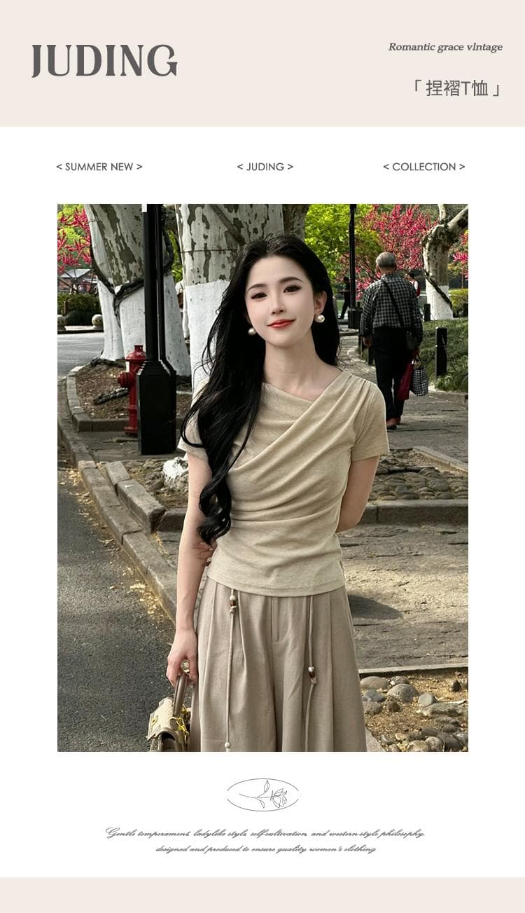 한 부서 고급 센스 세트 여성 여름 품격 연령 감소 운동 캐주얼 반팔 티셔츠 와이드 레그 팬츠 투피스 세트 상세 이미지 2