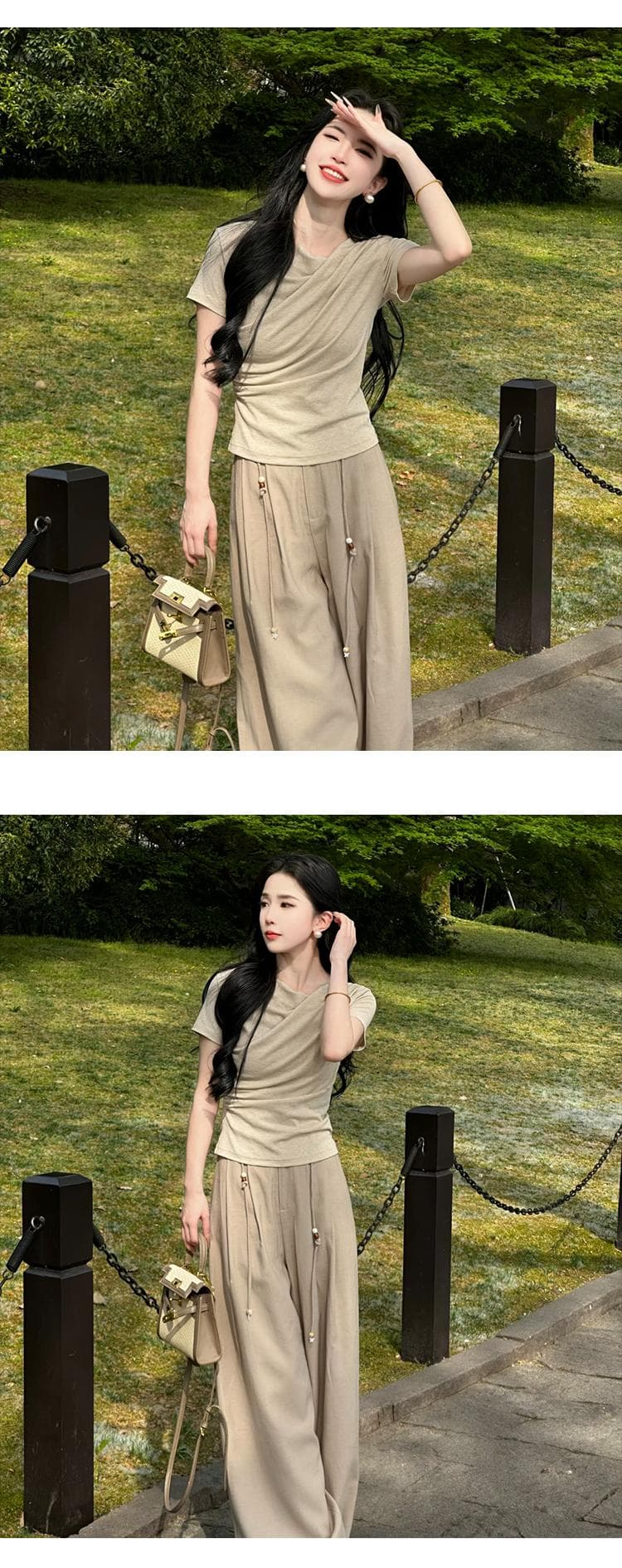 한 부서 고급 센스 세트 여성 여름 품격 연령 감소 운동 캐주얼 반팔 티셔츠 와이드 레그 팬츠 투피스 세트 상세 이미지 6