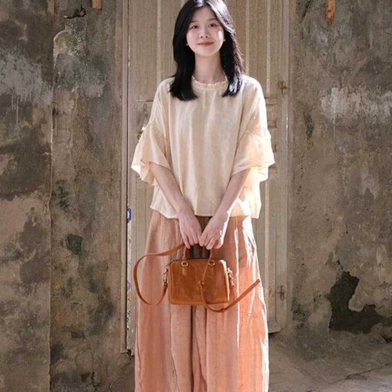 여름 한 부서 착용 가져 가라. 전체 집합 감기 느슨함 센스 착용 가져 가라. 고유 한 아름다운 품격 알몸의 핑크색 면 린넨 세트 바지 이미지 5