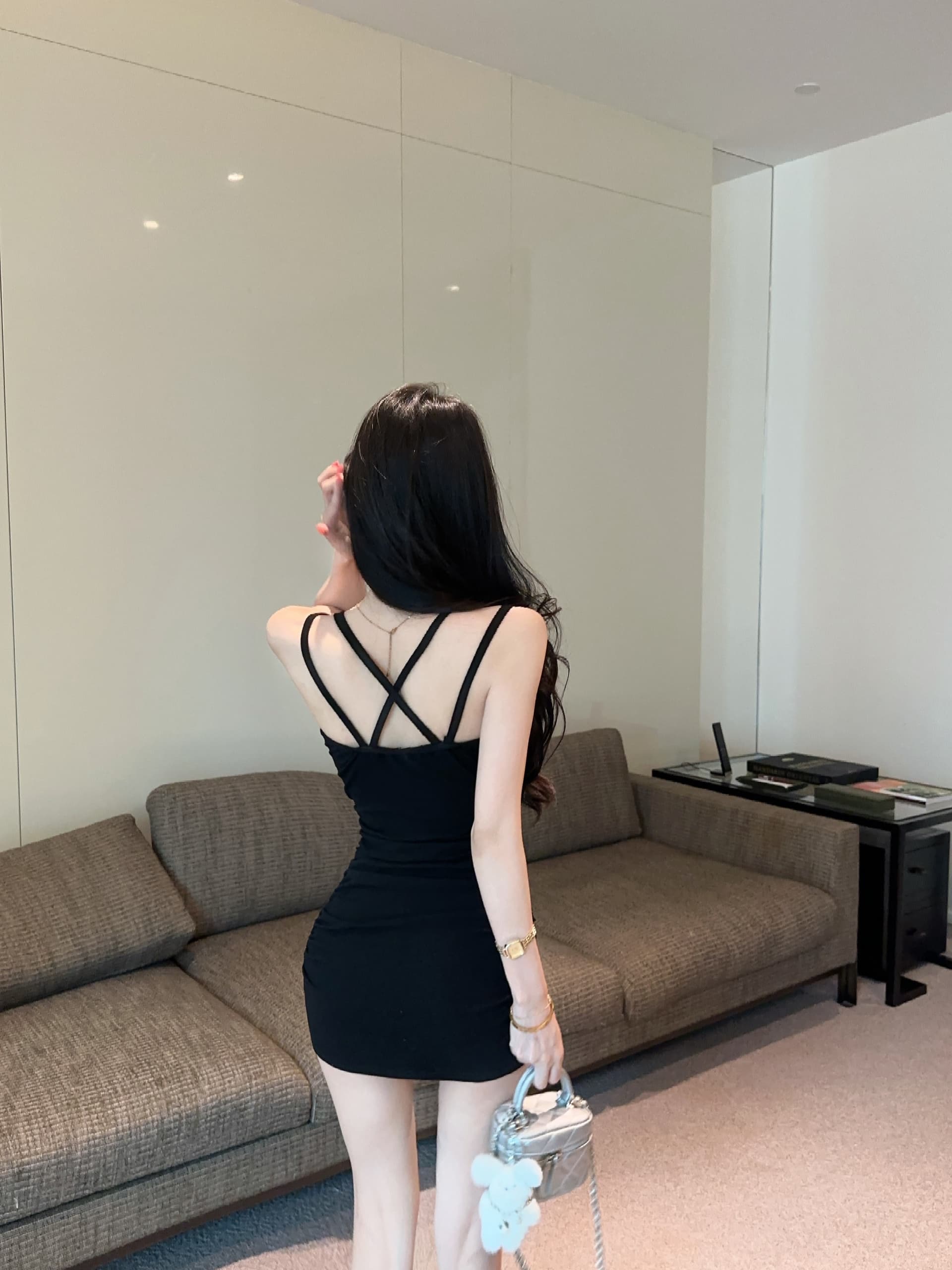 실사 웨스트 다용도 섹시함 낮은 가슴 십자가 아름다움 뒤로 쇼트 스타일 슬림해 보이는 타이트 스커트 타이트 드레스 상세 이미지 13