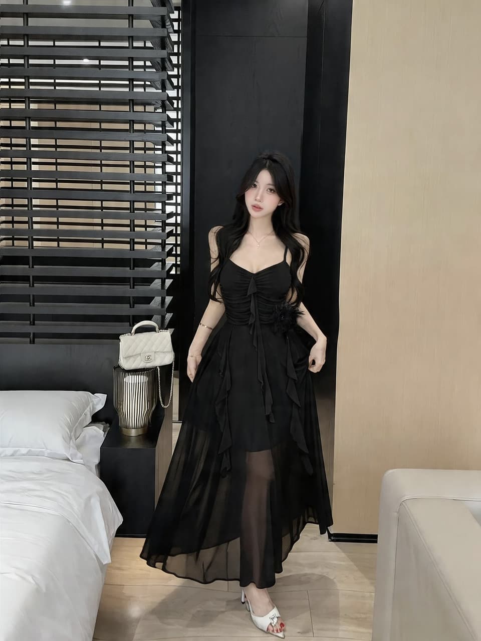 실사 새로운 다용도 섹시함 낮은 가슴 꽃 패치워크 망사 롱 코트 슬림해 보이는 드레스 슬립 상세 이미지 43